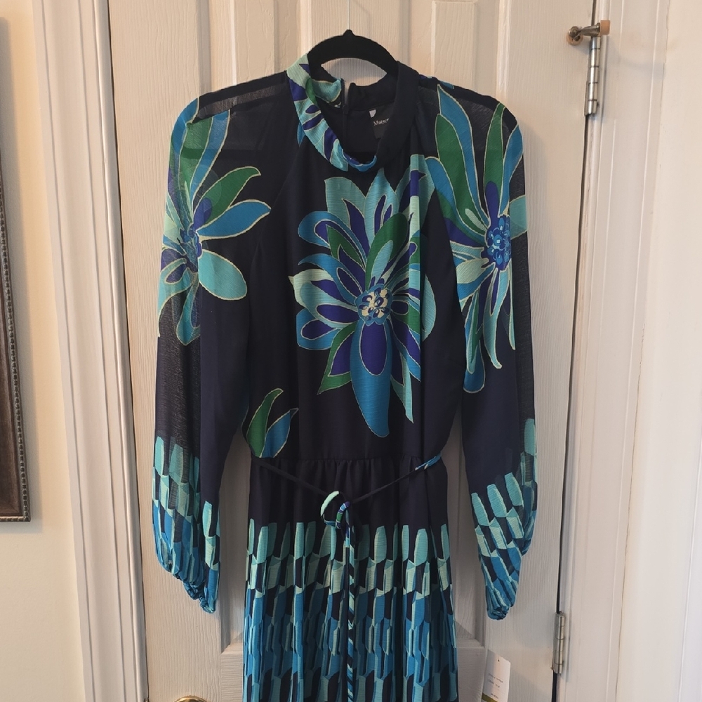 MAISON TARA BRAND WOMEN'S PLUS SIZE LONG BLUE FLORAL LONG SLEEVES DRESS SIZE 16